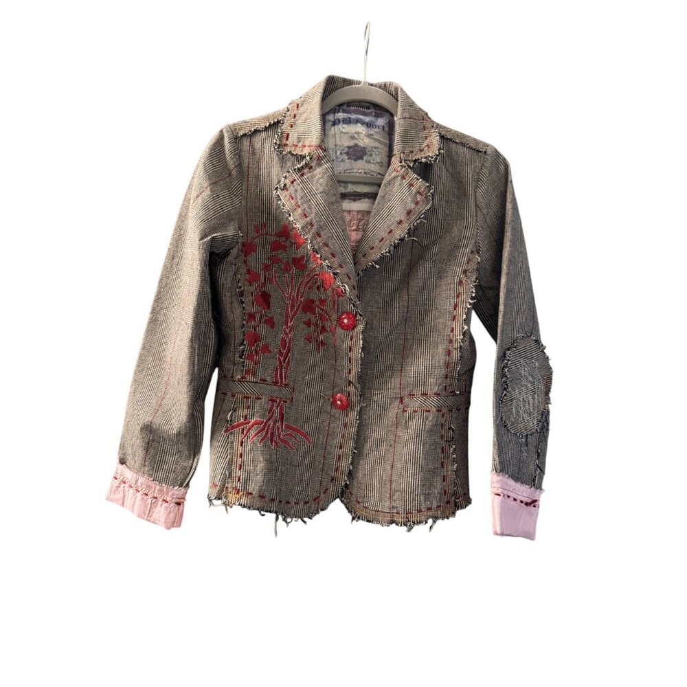 Handmade Striped Blazer Jacket With Red Tree Embroidery & Pink Silk Lining For